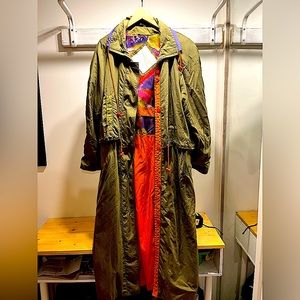 Vintage 90s long rain jacket; tags are faded, measurements indicate women’s med